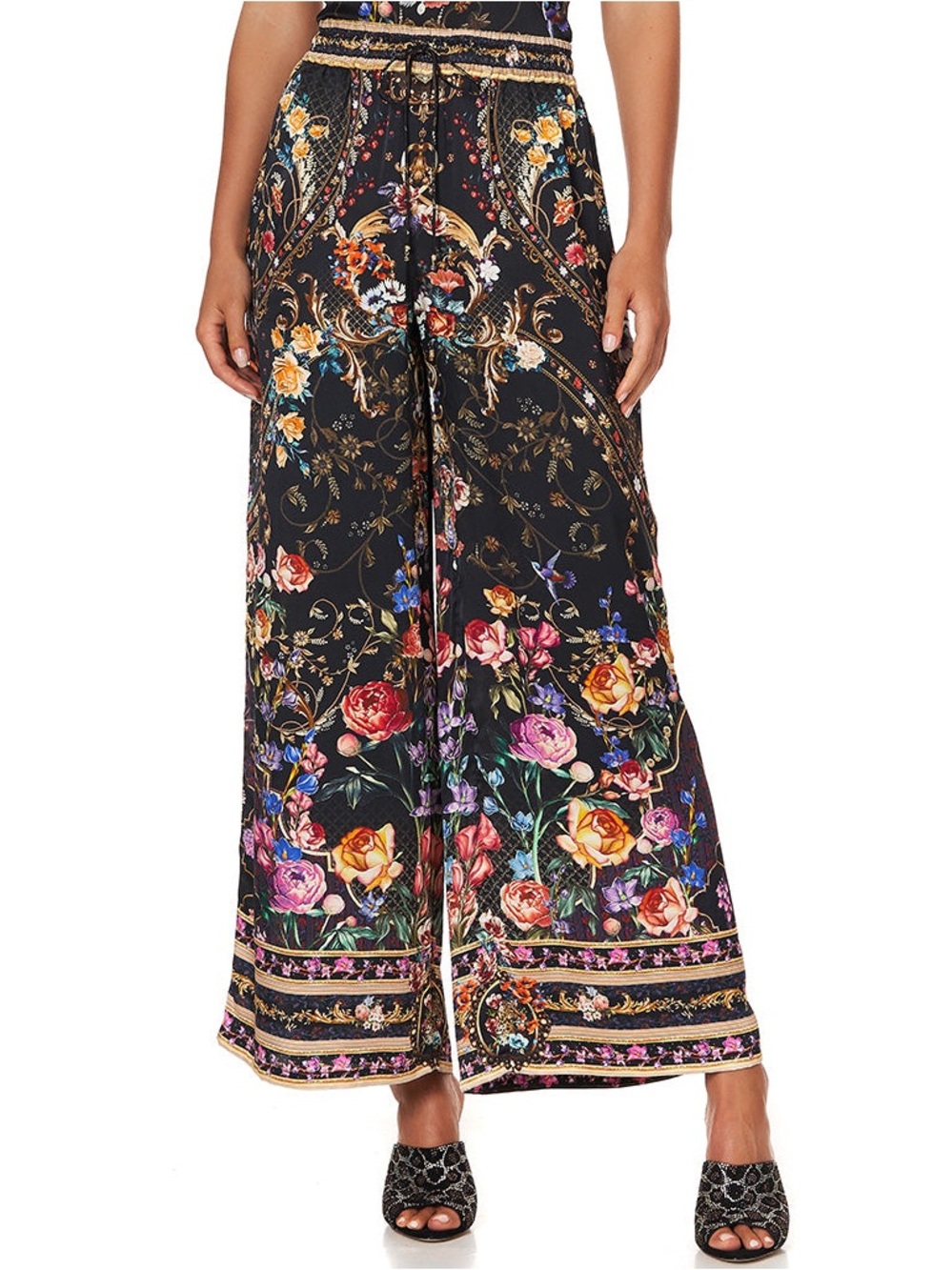 NWT Camilla Mad Manor Silk Floral Wide Leg Flowy Pants Blushing Manor Black Gold